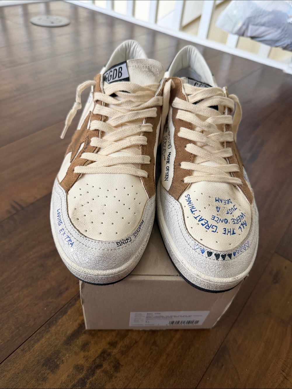 Golden Goose Men's Low-Top Sneakers in Cream & Brown with Graphic Accents